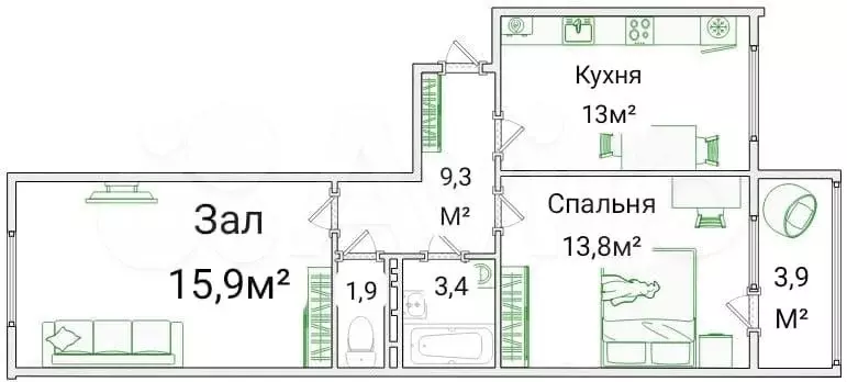 2-к. квартира, 57,3 м, 4/5 эт. - Фото 0