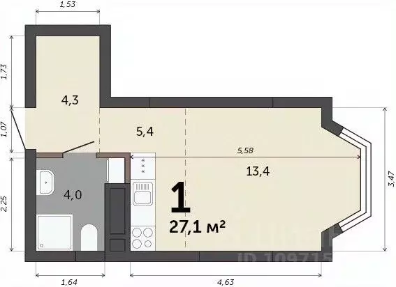 Студия Свердловская область, Екатеринбург пер. Сосновый (27.1 м) - Фото 1