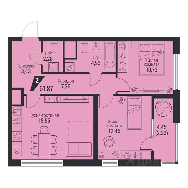 2-к кв. Свердловская область, Екатеринбург просп. Космонавтов, 100 ... - Фото 1