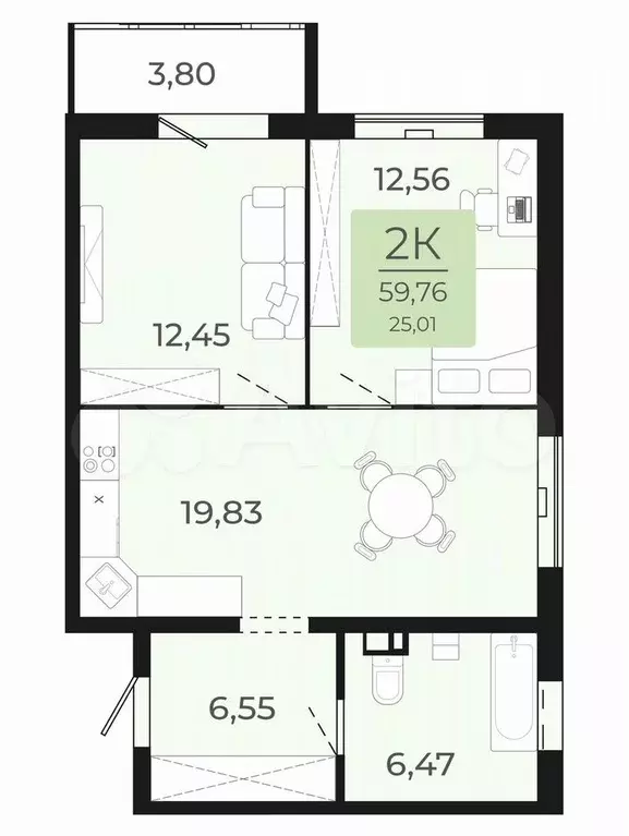 2-к. квартира, 59,8 м, 5/9 эт. - Фото 0