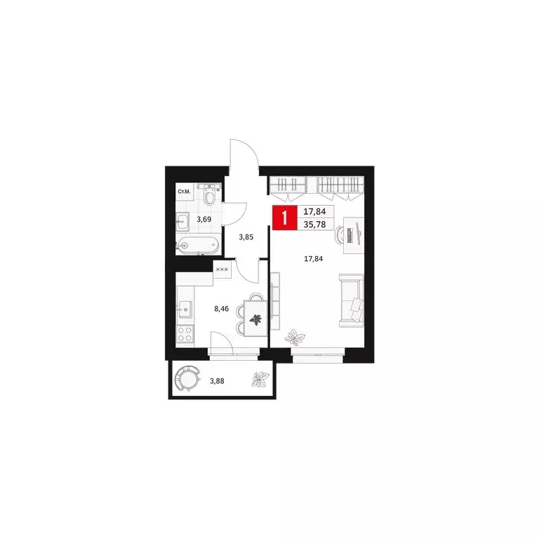 1-комнатная квартира: Уфа, Большая Московская улица, 11 (35.78 м) - Фото 1