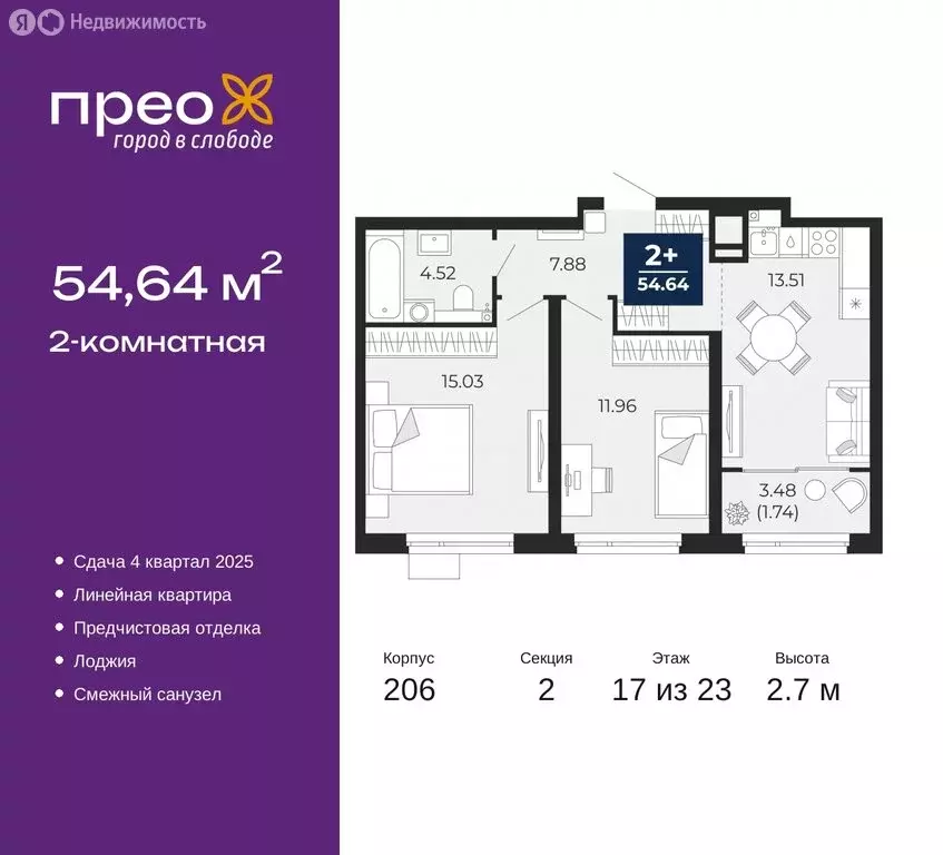 2-комнатная квартира: Тюмень, Арктическая улица, 16 (54.64 м) - Фото 0