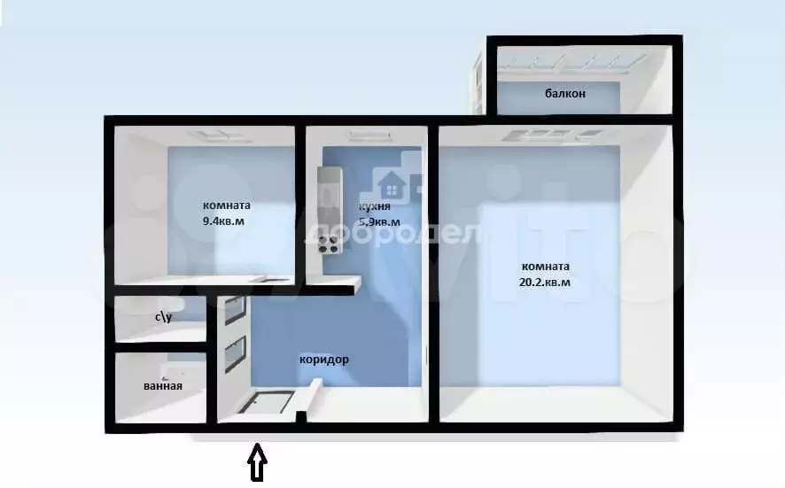 2-к. квартира, 42,6 м, 8/9 эт. - Фото 0