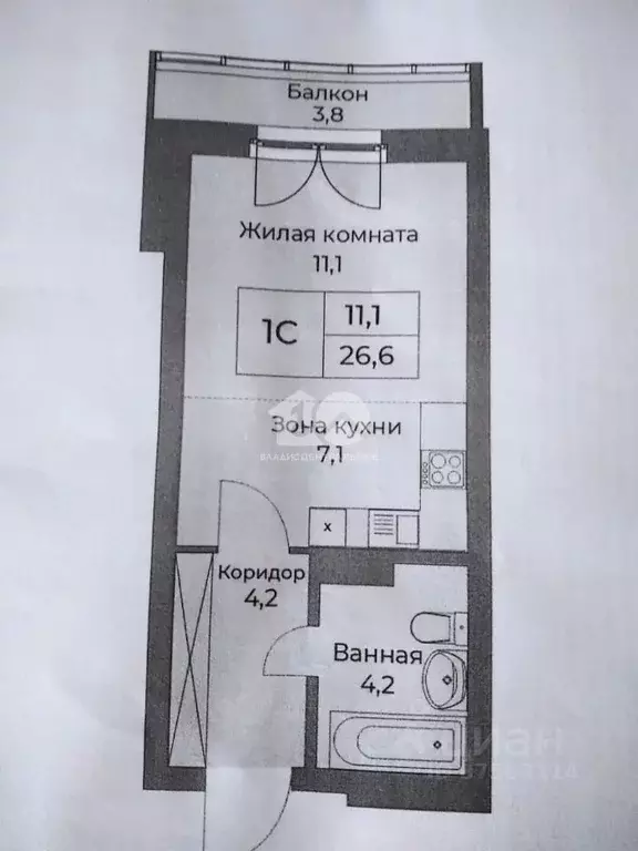 Студия Новосибирская область, Новосибирск Кубовая ул., 53/1 (26.6 м) - Фото 2