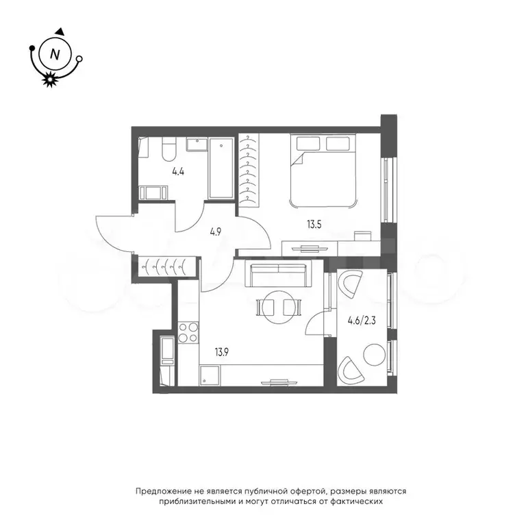 1-к. квартира, 39 м, 9/9 эт. - Фото 1