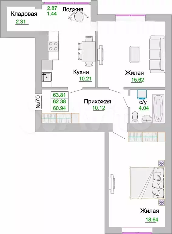 2-к. квартира, 62,4 м, 7/9 эт. - Фото 1