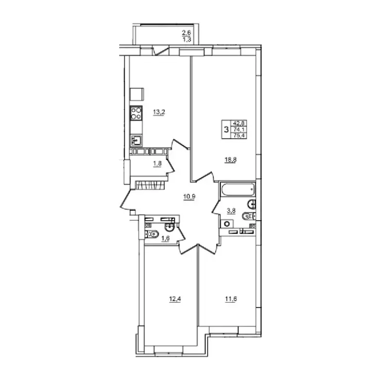 3-к квартира, 75.4 м - Фото 0
