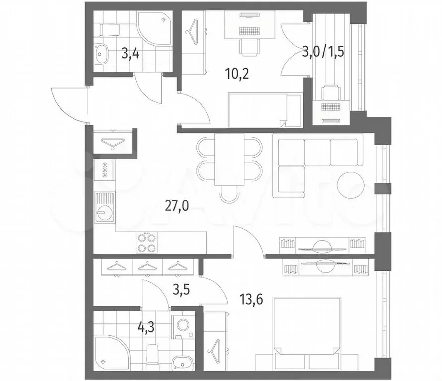 2-к. квартира, 63,5 м, 2/9 эт. - Фото 1