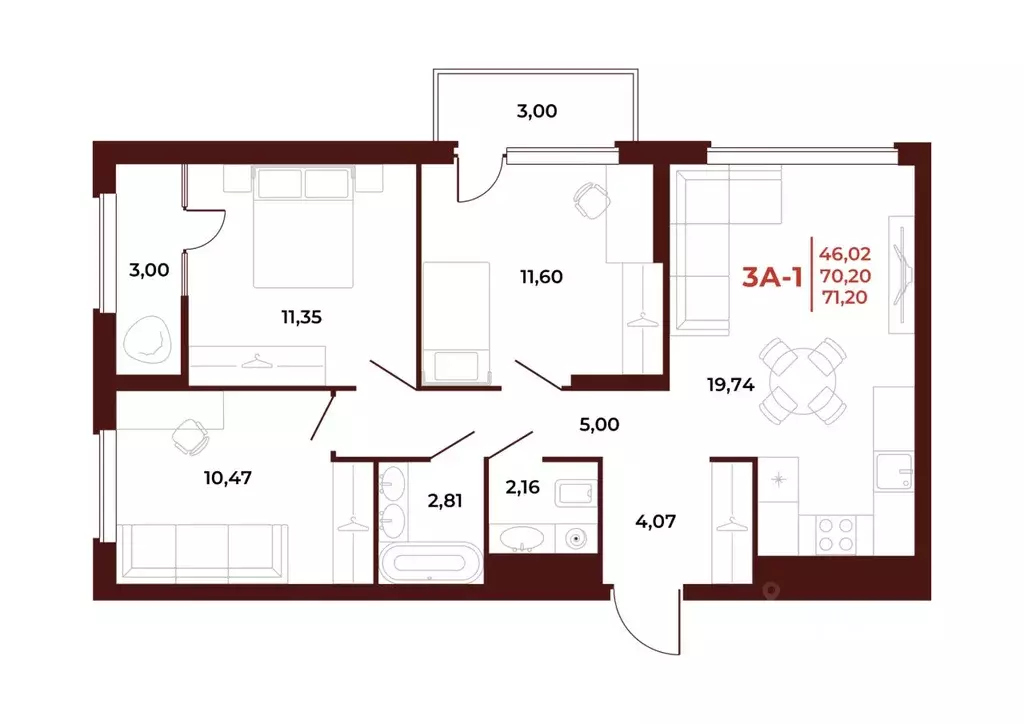 3-к кв. Пензенская область, Пенза Арбери жилой комплекс (71.2 м) - Фото 1