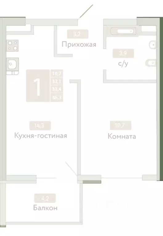 1-к кв. Крым, Симферопольский район, Молодежное пгт  (33.4 м) - Фото 2