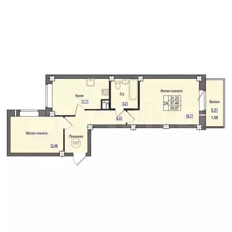 2-к. квартира, 59,1 м, 6/9 эт. - Фото 0