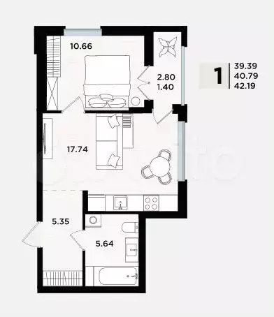 1-к. квартира, 42,2 м, 1/5 эт. - Фото 1
