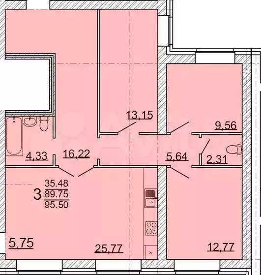 3-к. квартира, 95,5 м, 1/3 эт. - Фото 1
