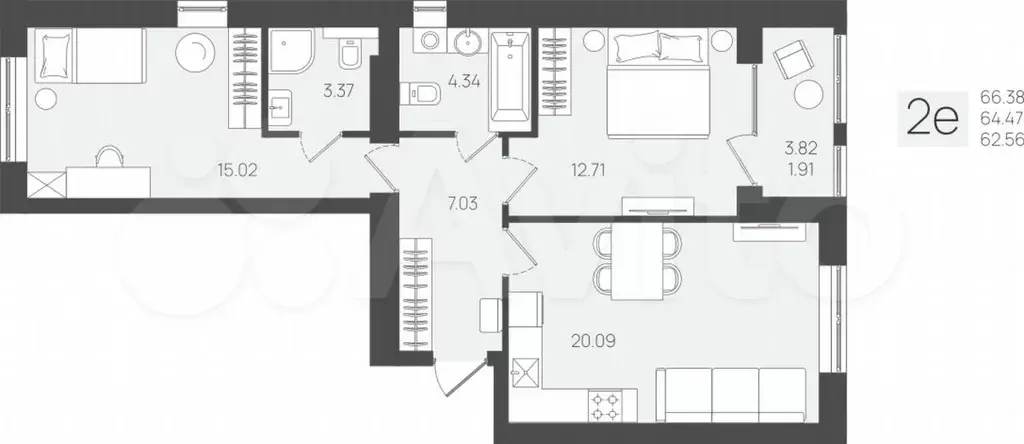 2-к. квартира, 64,5 м, 2/5 эт. - Фото 0