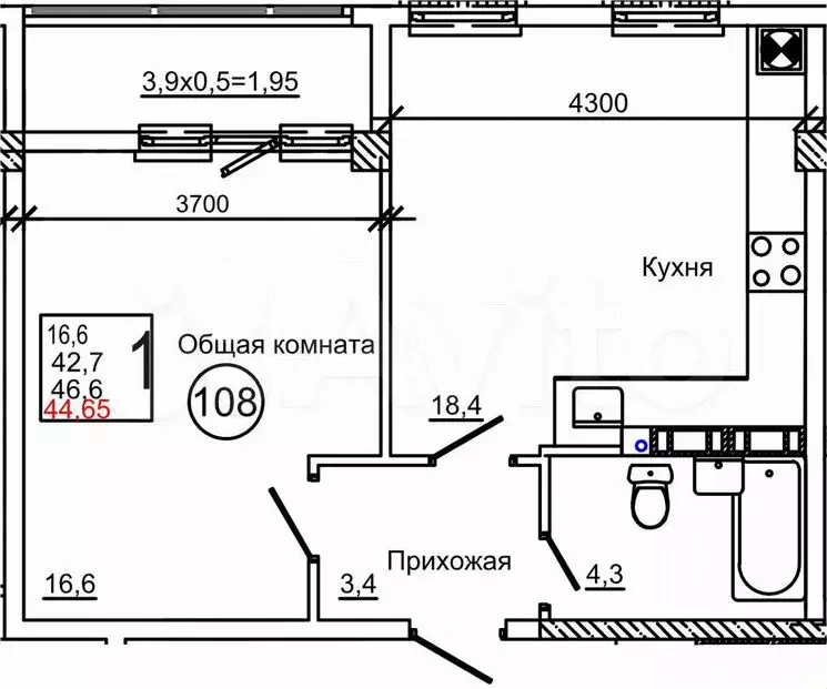 1-к. квартира, 44,7м, 7/9эт. - Фото 0