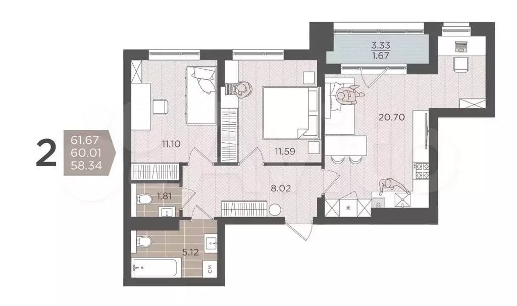 2-к. квартира, 60 м, 2/9 эт. - Фото 1