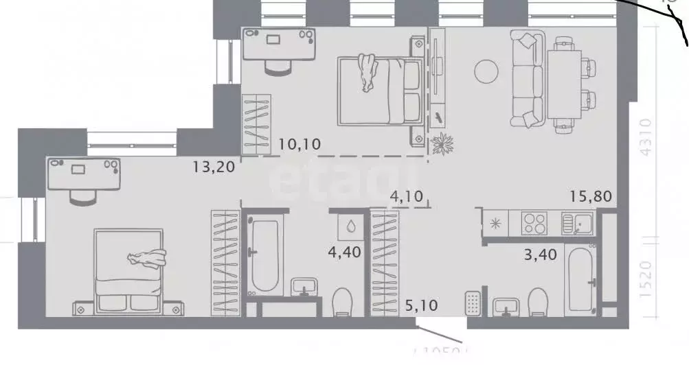 2-комнатная квартира: Казань, улица Бондаренко, 34 (51.1 м) - Фото 1
