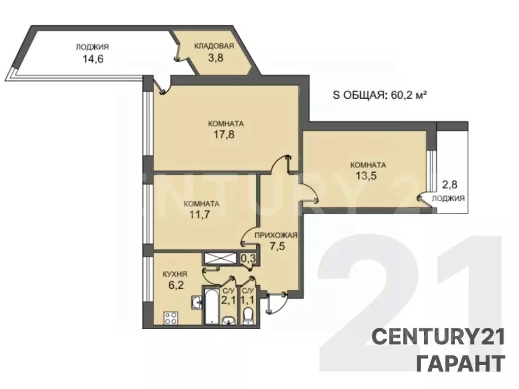 3-к кв. Санкт-Петербург ул. Пионерстроя, 7К2 (60.2 м) - Фото 2