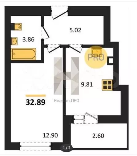 1-к. квартира, 32,9 м, 6/10 эт. - Фото 1