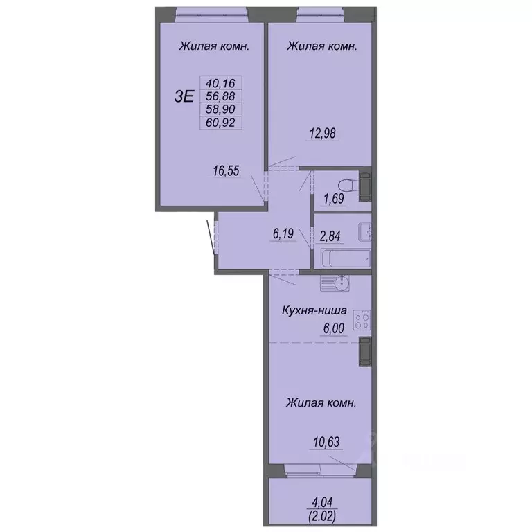 3-к кв. Хабаровский край, Хабаровск Южный мкр, ул. Рокоссовского (58.9 ... - Фото 1