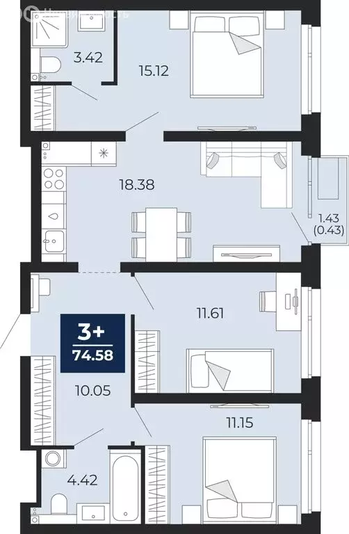 3-комнатная квартира: Тюмень, Арктическая улица, 14 (74.58 м) - Фото 0