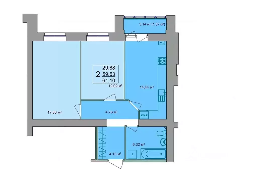 2-к кв. Костромская область, Кострома Привокзальная ул., 12 (63.2 м) - Фото 1