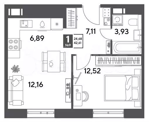 1-к. квартира, 42,6 м, 3/9 эт. - Фото 0