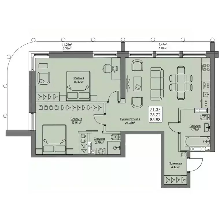 1-к кв. Приморский край, Владивосток ул. Мыс Кунгасный, 3Б (75.72 м) - Фото 1