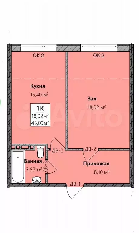 1-к. квартира, 45,1 м, 2/8 эт. - Фото 0