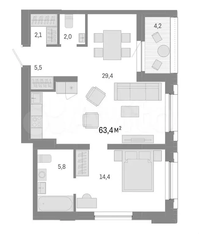 2-к. квартира, 63,4 м, 8/9 эт. - Фото 0