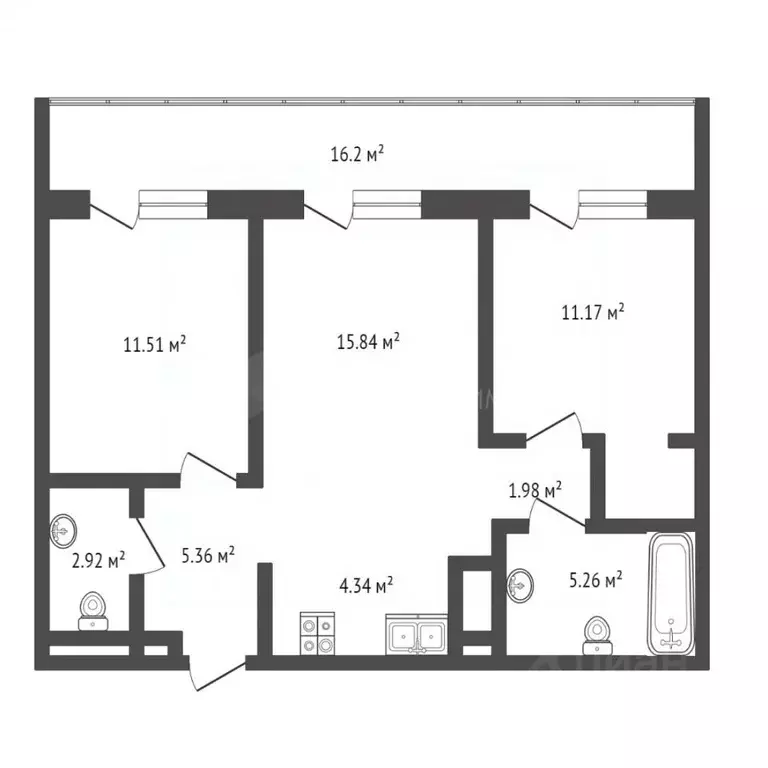 2-к кв. Тюменская область, Тюмень Причальная ул., 11 (74.64 м) - Фото 1