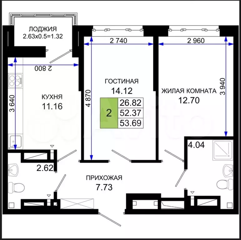 2-к. квартира, 53,7 м, 24/25 эт. - Фото 1