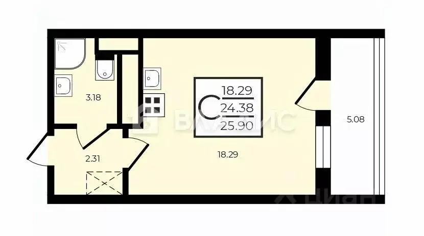 Студия Санкт-Петербург Комендантский просп., 66к5 (25.9 м) - Фото 2