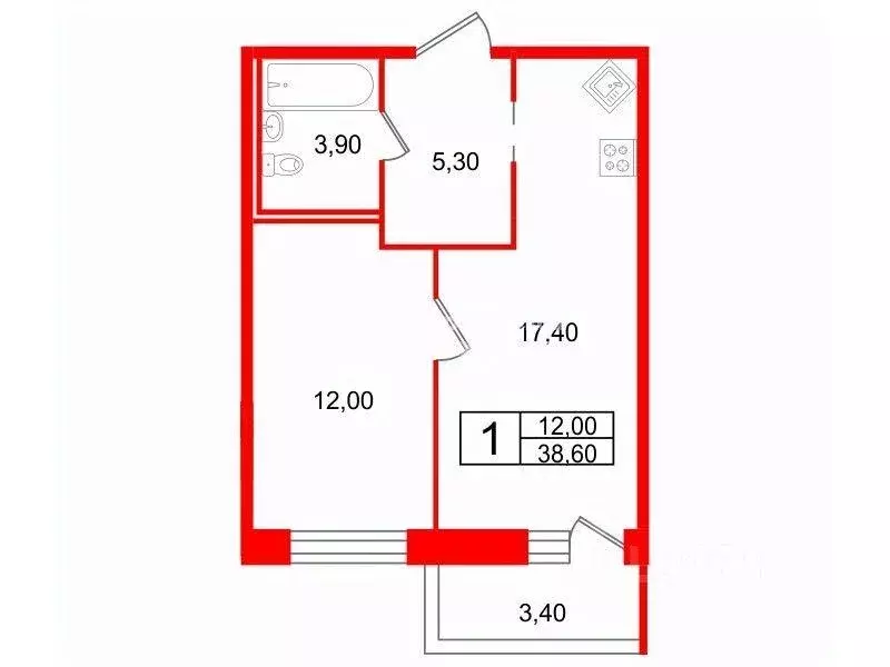 Квартира, 1 комната, 38.6 м - Фото 0