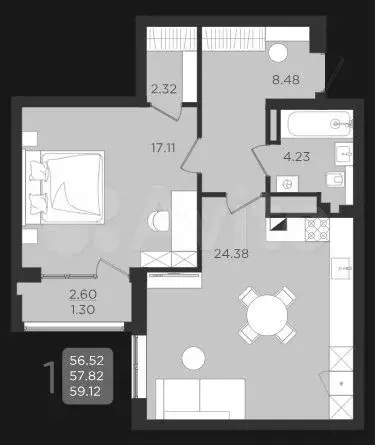 1-к. квартира, 59,1 м, 5/9 эт. - Фото 1