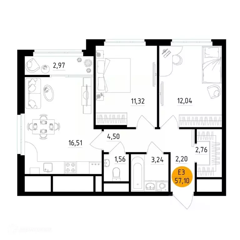2-к кв. Рязанская область, Рязань ул. Земнухова, 2 (57.1 м) - Фото 0