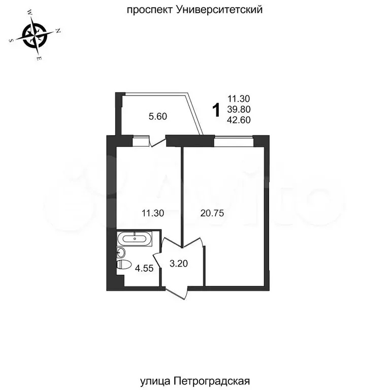1-к. квартира, 42,6 м, 2/19 эт. - Фото 0
