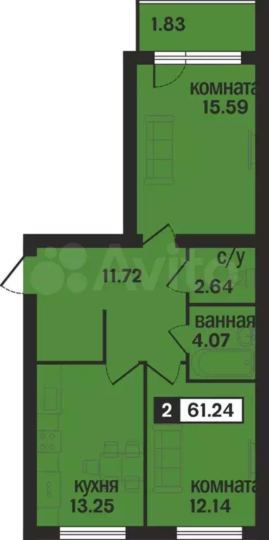 2-к. квартира, 61,2 м, 1/4 эт. - Фото 0