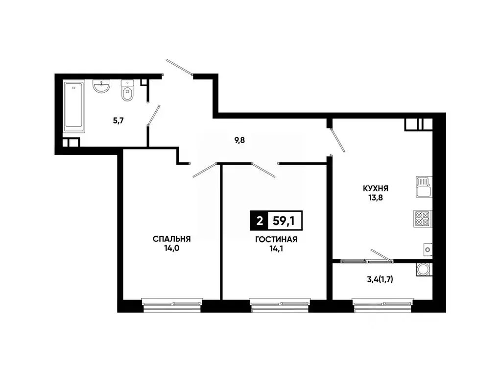 2-к кв. Ставропольский край, Ставрополь ул. Доваторцев, 179Гк1 (59.1 ... - Фото 1