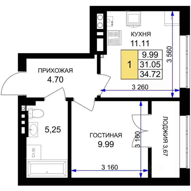 1-к кв. Калининградская область, Гурьевск Включи жилой комплекс (34.72 ... - Фото 0