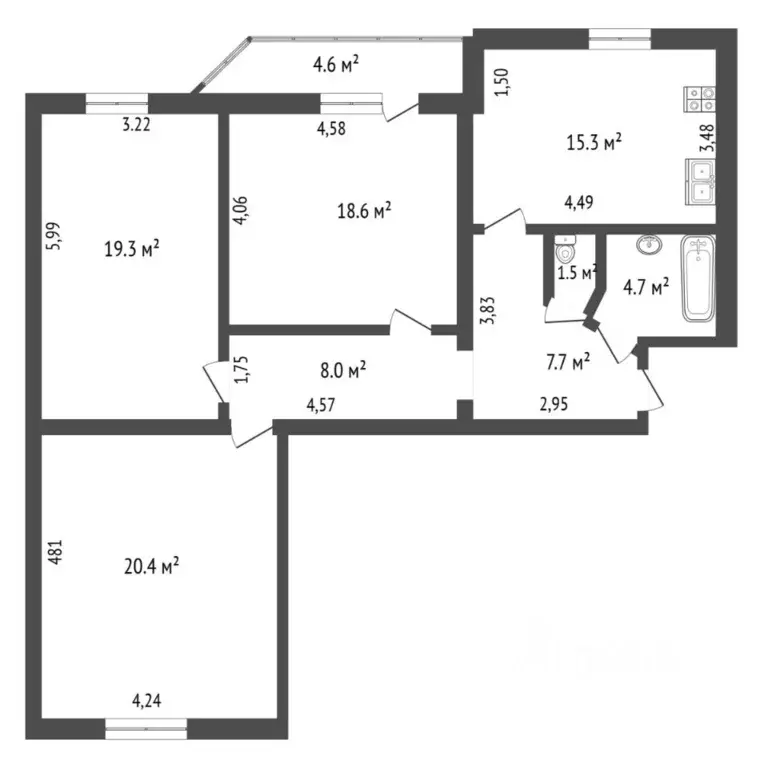 3-к кв. Тюменская область, Тюмень ул. Карла Маркса, 8 (93.5 м) - Фото 2