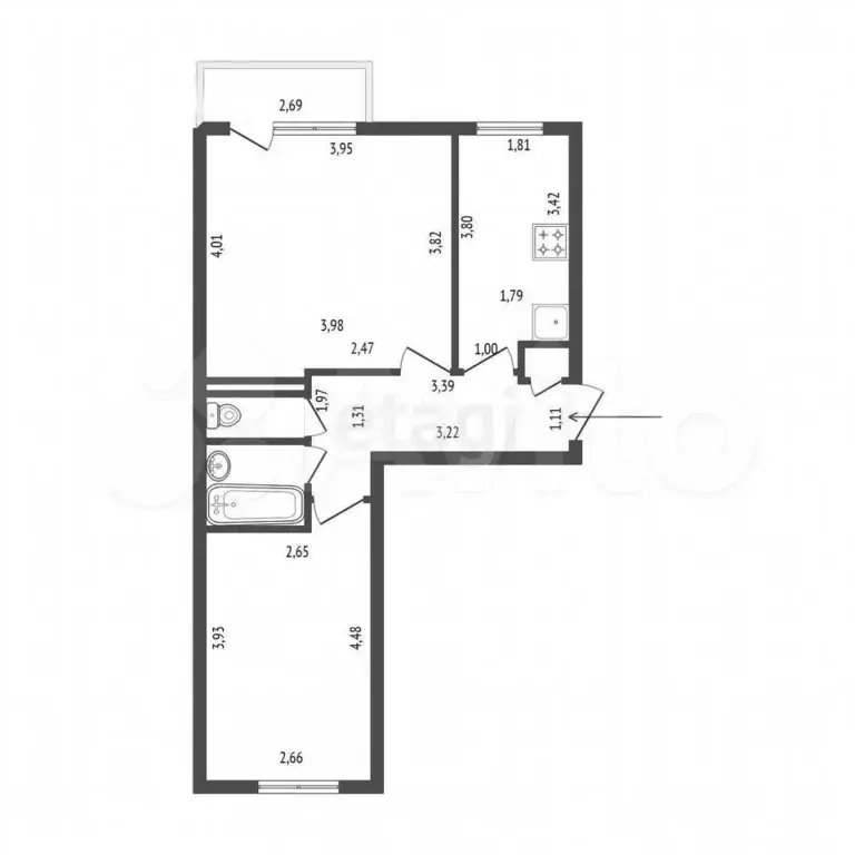 2-к. квартира, 43,4 м, 4/5 эт. - Фото 0