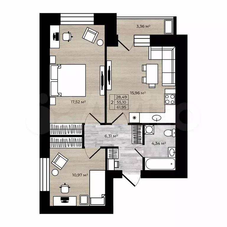 2-к. квартира, 58,5 м, 8/9 эт. - Фото 0