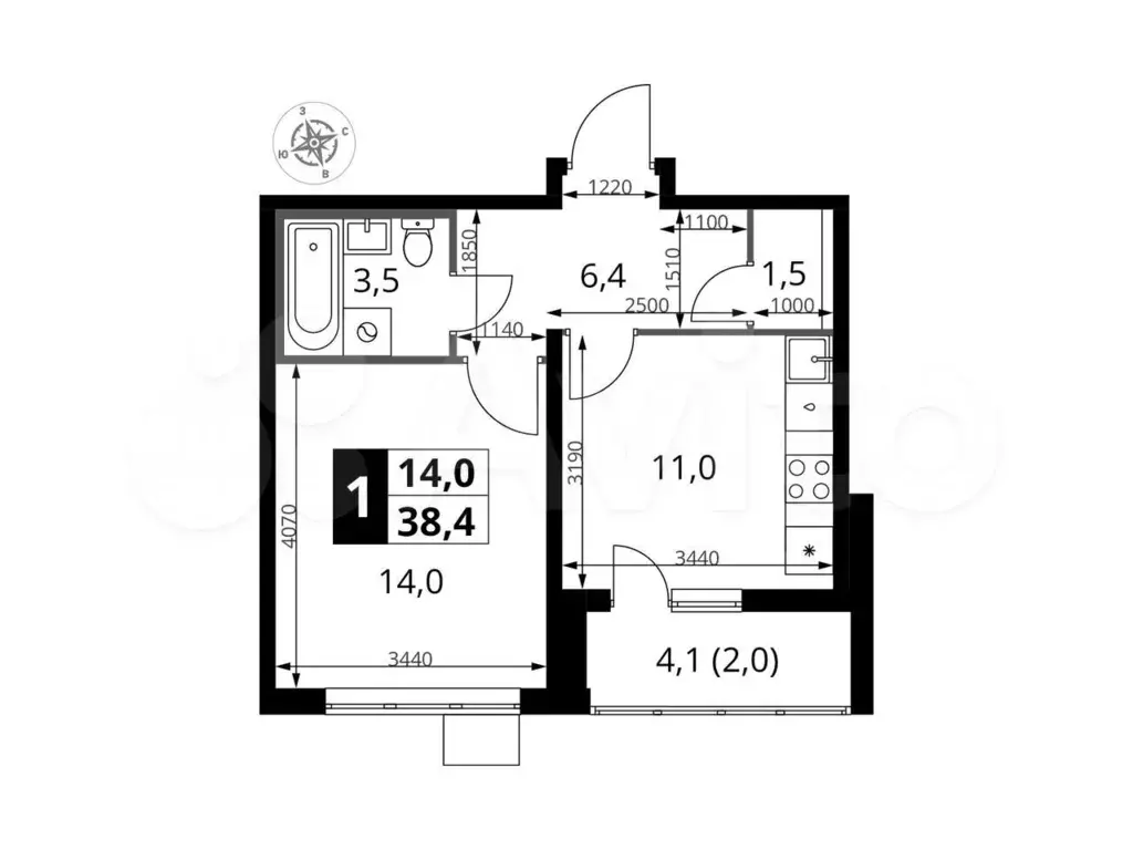 1-к. квартира, 38,4м, 13/24эт. - Фото 0