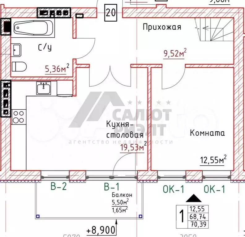 2-к. квартира, 71,3 м, 4/4 эт. - Фото 1