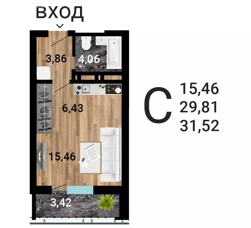 Квартира-студия: Воронеж, улица Лётчика Демьянова, 1 (32.65 м) - Фото 1