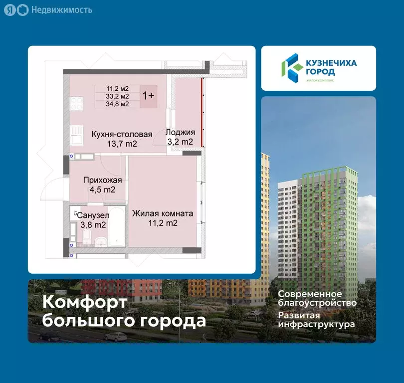 1-комнатная квартира: Нижний Новгород, ЖК Кузнечиха Город (34.8 м) - Фото 1