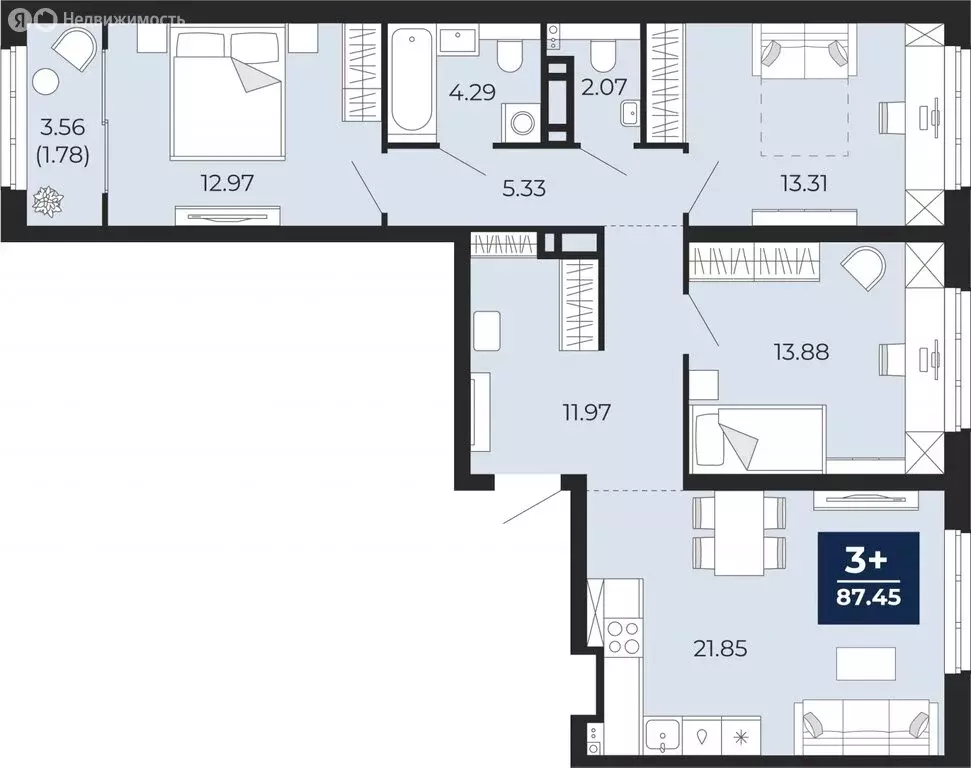 3-комнатная квартира: Тюмень, микрорайон Энтузиастов (87.45 м) - Фото 0