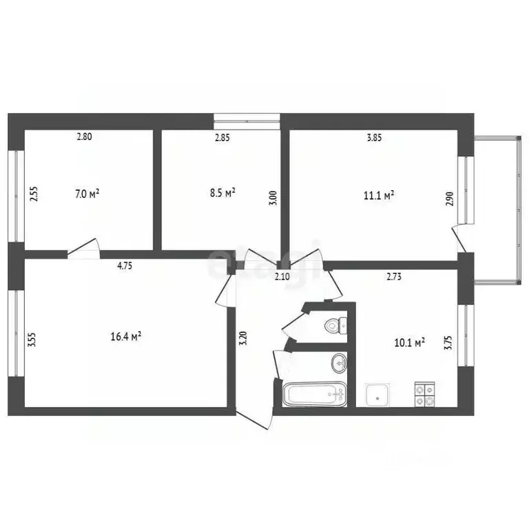 4-к кв. Тюменская область, Тюмень ул. Космонавтов, 33А (58.0 м) - Фото 1