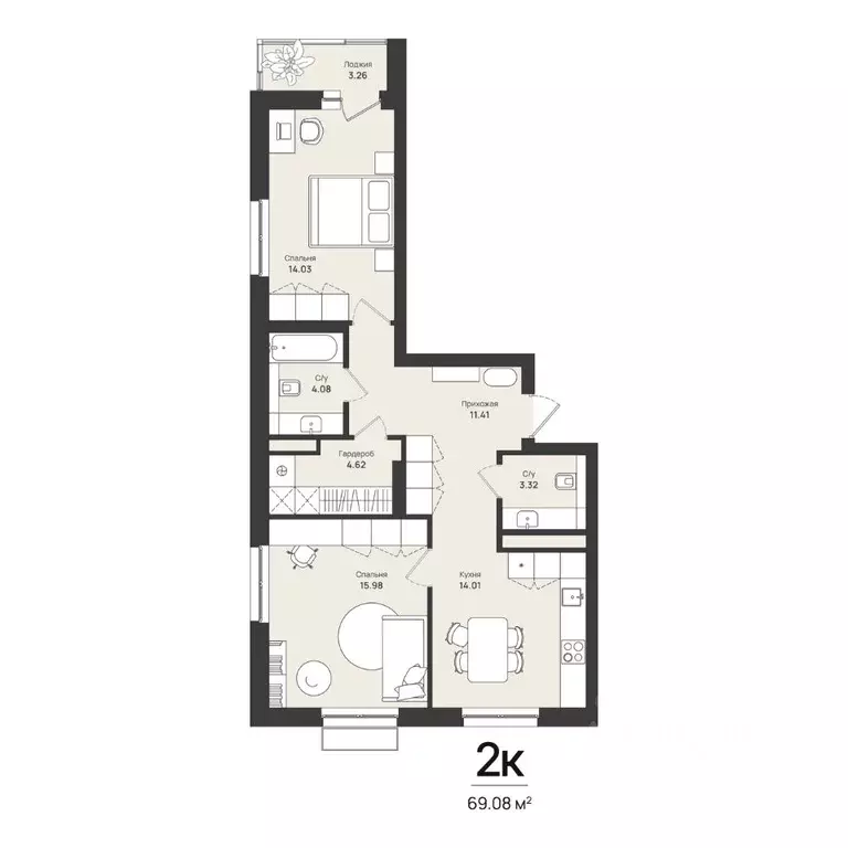 2-к кв. Пермский край, Пермь Уинская ул., 54 (69.08 м) - Фото 1